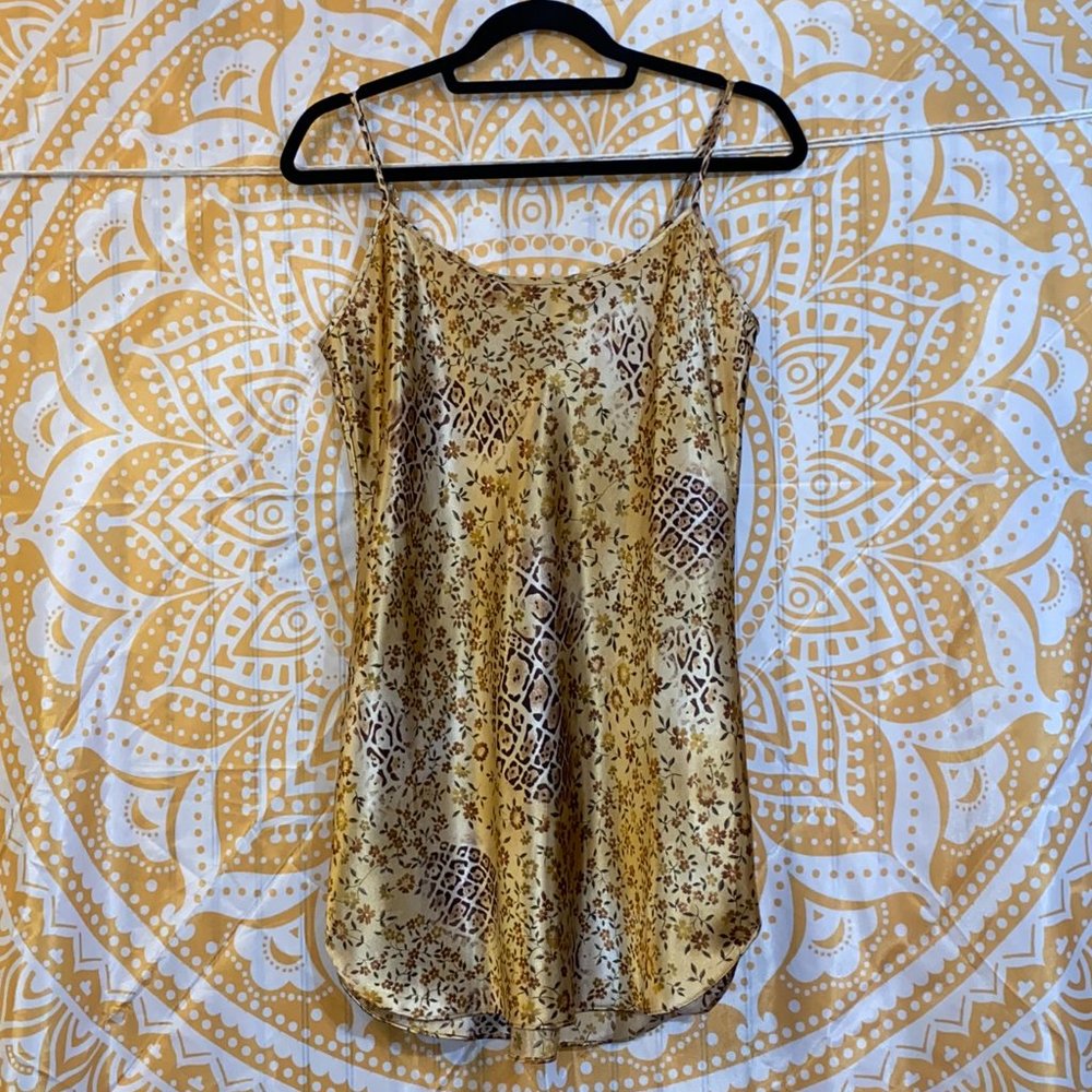 Small - Sexy Floral & Leopard Print Satin Nightgown - Spaghetti Straps - Picture 1 of 2